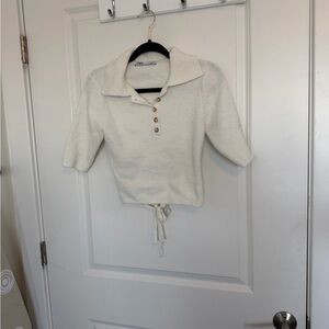 White Knit Collared Sweater Top